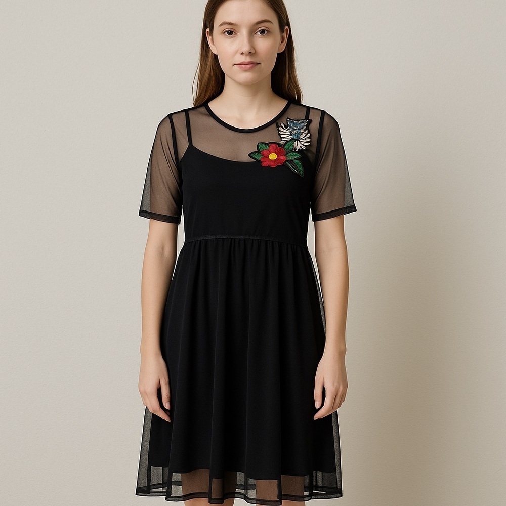 Potter's Pot Size Small Black Mesh Floral Embroidered Dress